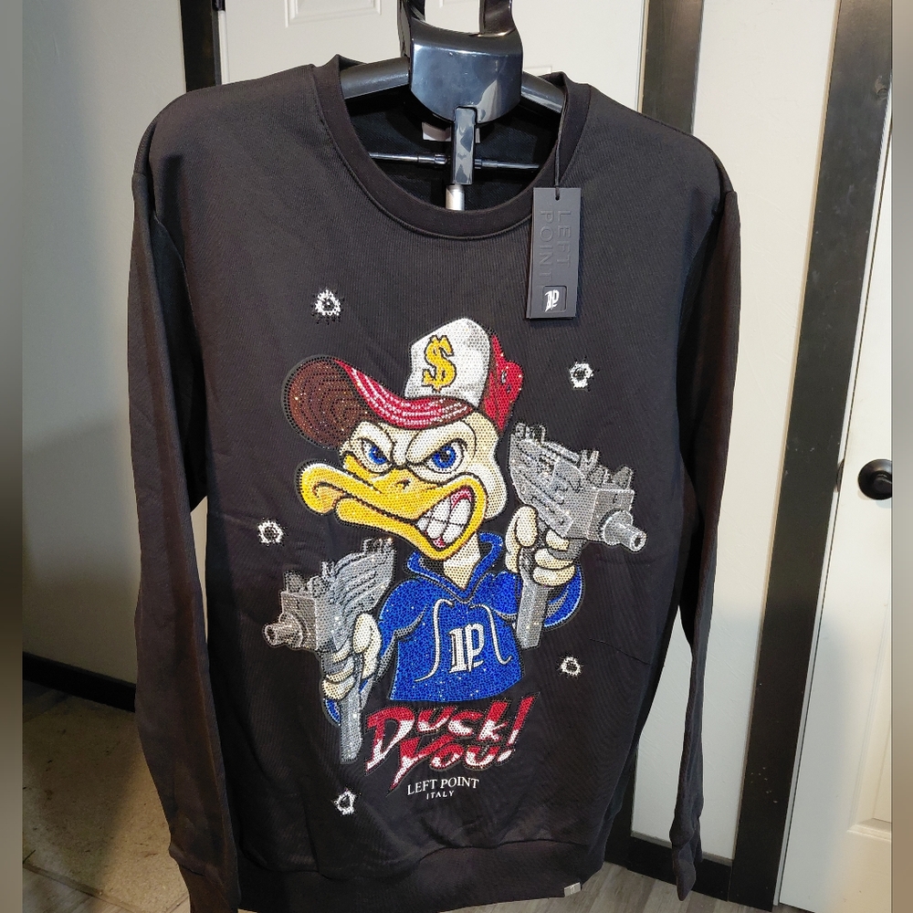 NWT Streetwear Left Point Italy, Angry Duck Bold Rhinestone Embeleshed SIZE MED